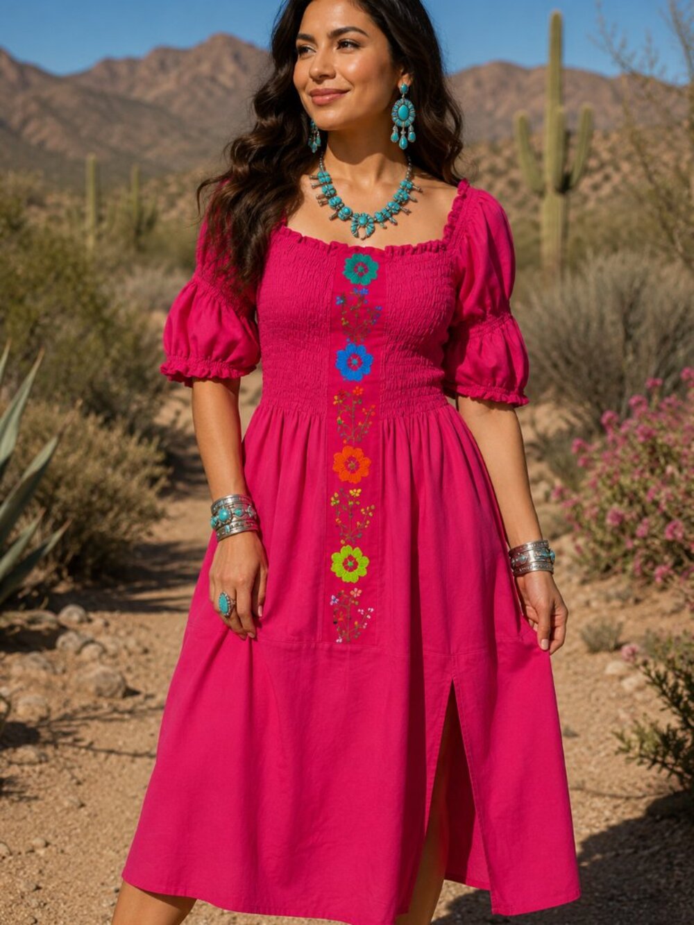 Fuchsia Otomi Inspired Folk Embroidered Dress | Honeycomb Smocking | Boho Fiesta